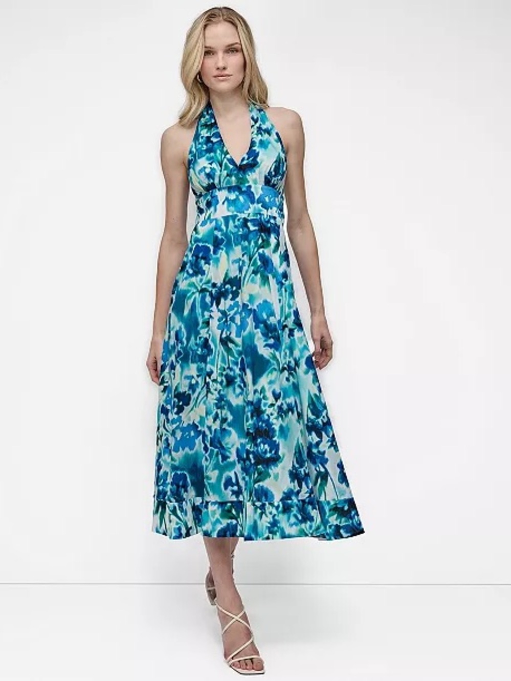 DKNY Women's Cotton Floral Halter V-Neck Tie-Back Midi Dress Blue Size 2